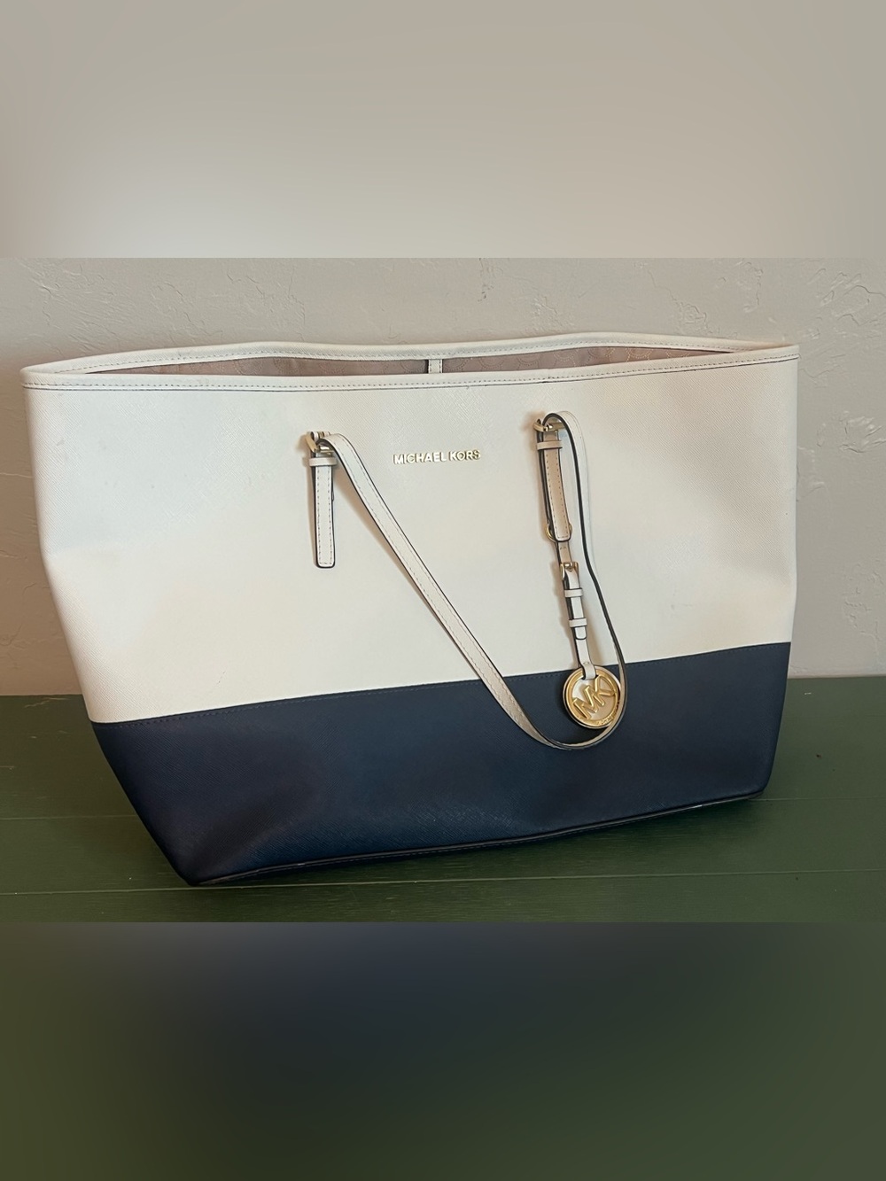 Michael Kors Tote Leather Purse Navy & White Colorblock New w/Dust Bag